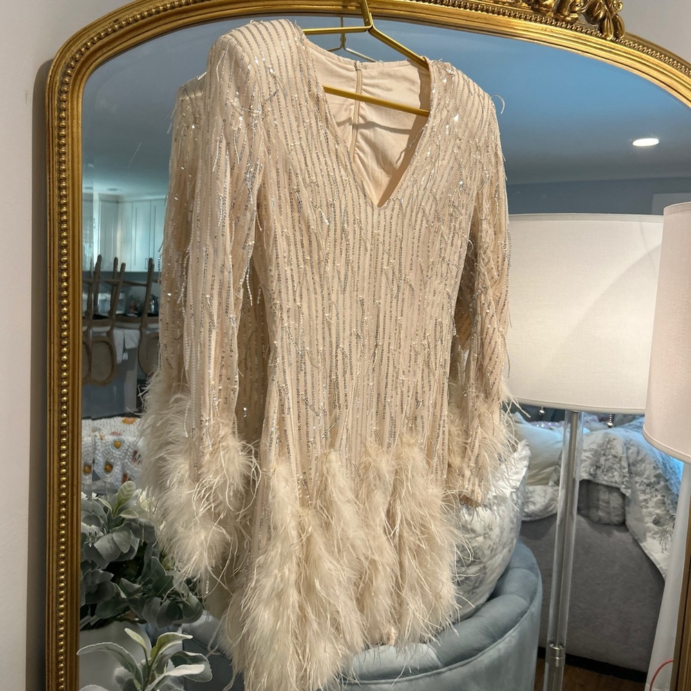 Elegant Cream Feathered Dress